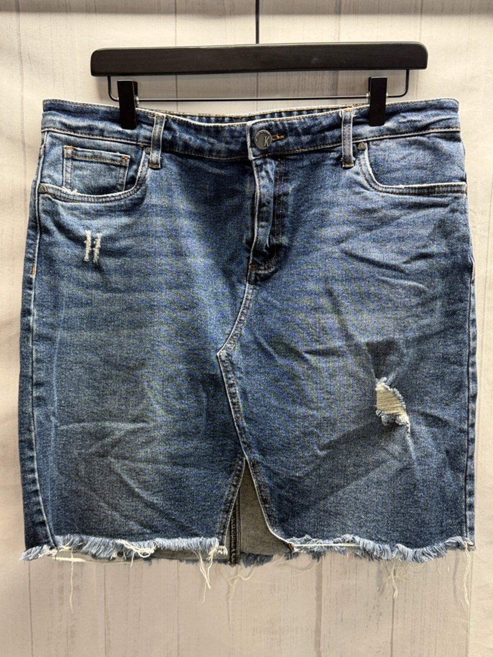 Kut from the Kloth Hannah Denim Distressed Frayed Hem Mini Jean Skirt 14